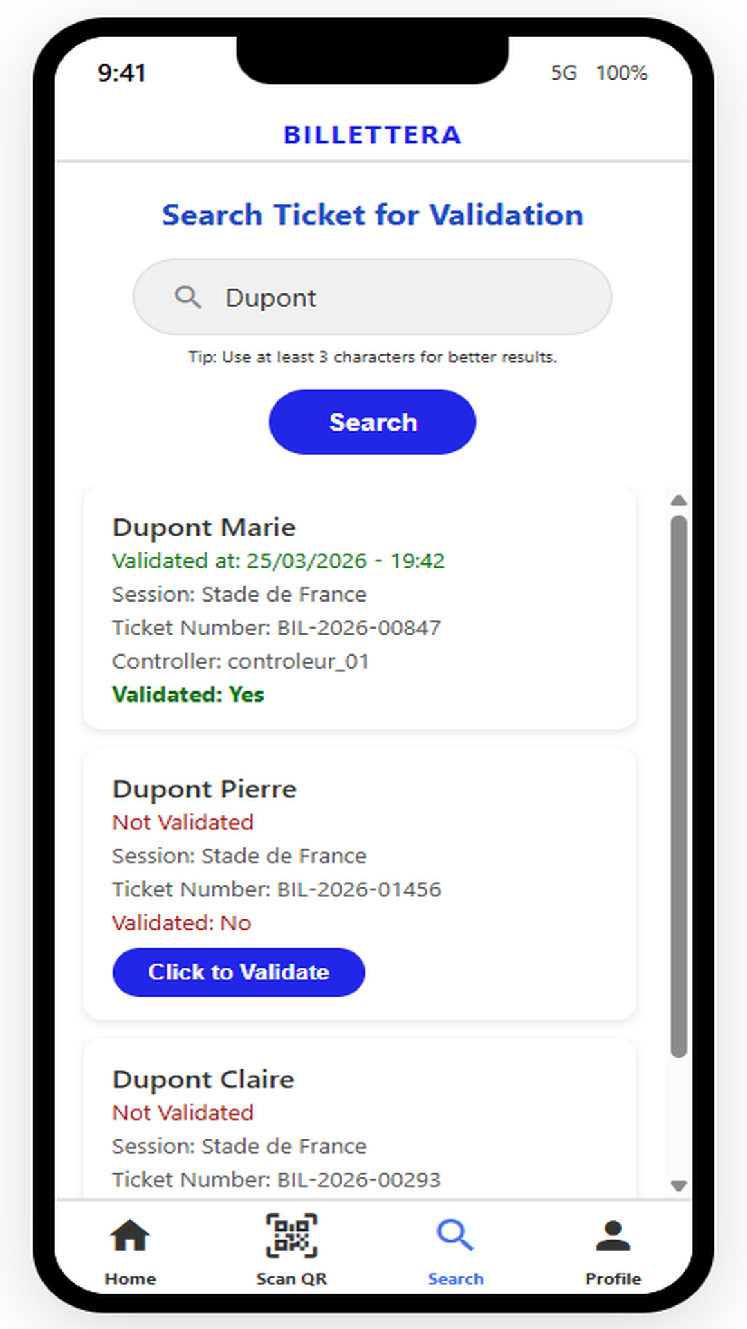 Recherche « Dupont » affichant les billets trouvés avec leur statut validé ou non, et un bouton de validation manuelle