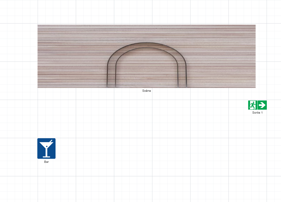 Objets structurels (scène, bar, sorties, toilettes), logiciel de plan de salle interactif Billettera