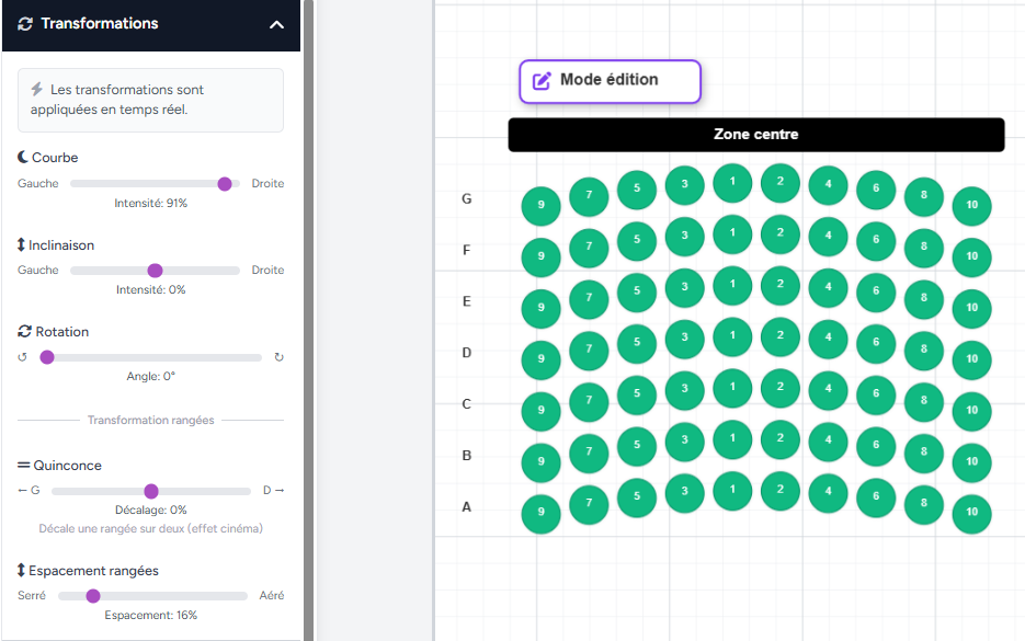 Déformation Courbure appliquée à une tribune ordinaire, plan de salle interactif Billettera